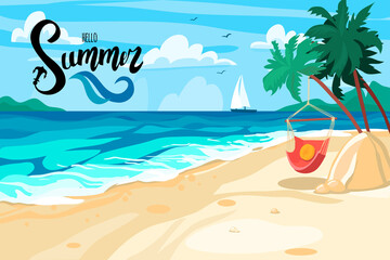 Fototapeta na wymiar Postcard on a summer theme. Beach, seascape. Summer vacations, relaxation, tourism. Hello summer lettering. Vector stock illustration. Flat design.