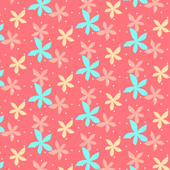 Fresh illustration flower pattern, turquoise and vanilla tropical flowers on  pink background