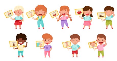 Little Kids Holding Cards with Body Parts Vector Illustration Set
