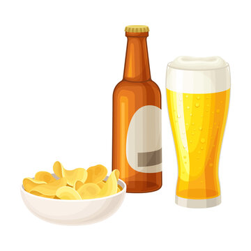 Lager Beer Poured in Glass with Bottle and Crunchy Snack in Bowl Vector Illustration