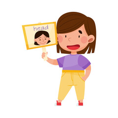 Smiling Girl Character Holding Flashcard with Head Image Vector Illustration
