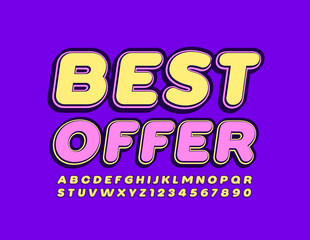 Vector promo tag Best Offer. Bright Violet Font. Trendy Alphabet Letters and Numbers