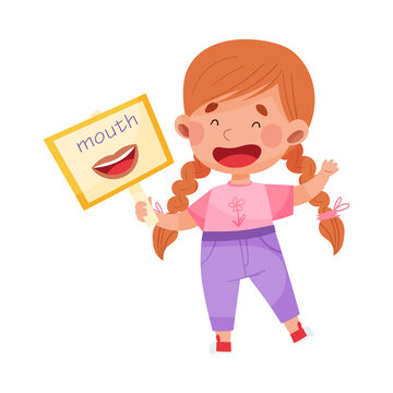 Smiling Girl Character Holding Flashcard with Mouth Image Vector Illustration
