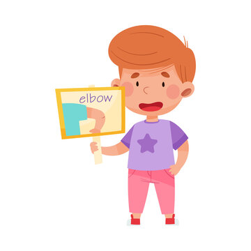 Funny Boy Character Holding Flashcard with Elbow Image Vector Illustration