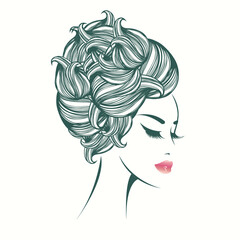 Woman with curly hairstyle and elegant makeup.Beauty salon and hair studio illustration.Cosmetics and spa logo.Beautiful lady portrait.Cute female face.