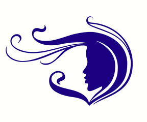 Beauty salon and hair studio logo.Long, wavy hairstyle woman.Profile view portrait silhouette.Cosmetics and spa icon.Female face.
