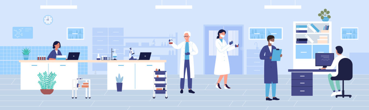 Hospital clinic laboratory work flat vector illustration. Cartoon doctor researcher character team working and studying in medical research diagnostic center. Healthcare medicine lab office background