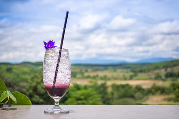 A glass of mixed berry soda with nature background