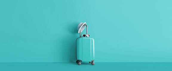 Tiffany wall behind suitcase with hat and sunglasses. Clean travel concept. 3d Rendering © SBCREATORS