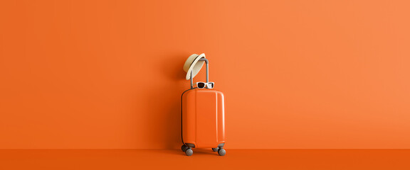 Pumpkin wall behind suitcase with hat and sunglasses. Clean travel concept. 3d Rendering © SBCREATORS