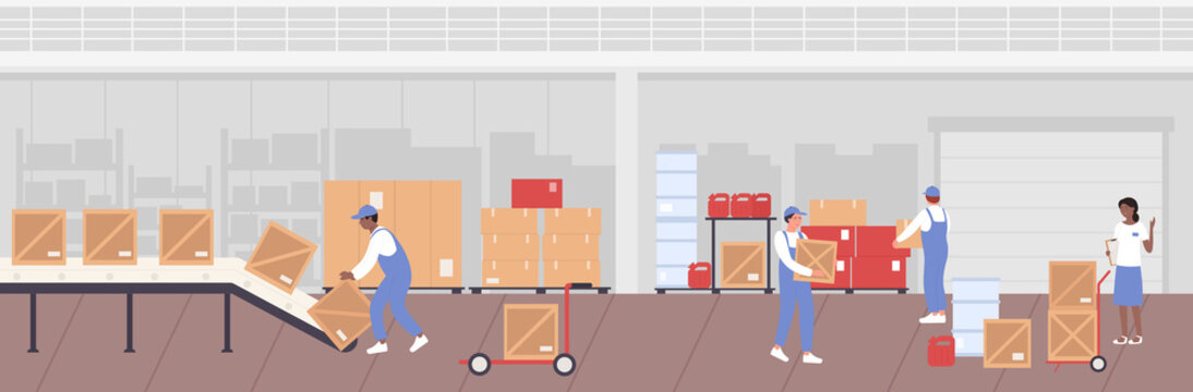 People worker working in warehouse vector illustration. Cartoon flat man woman characters unload boxes from conveyor line, control loading warehousing process, logistic service storage work background