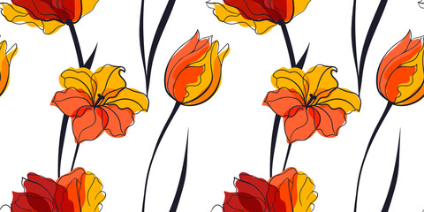 Yellow tulip field seamless pattern