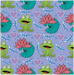 Green frog with lotus leaf and flower seamless pattern.