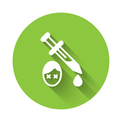 White Sword with blood icon isolated with long shadow. Medieval weapons knight and soldier. Symbol of murder. Green circle button. Vector.
