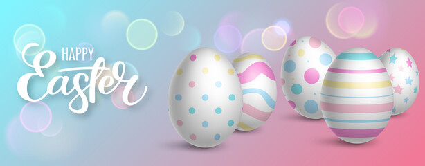 Realistic decorated eggs on bokeh background. Easter greeting card or invitation template