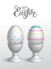 Realistic decorated eggs in egg cups. Easter greeting card or invitation template