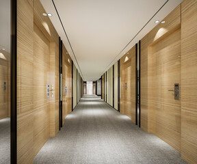 3d rendering modern luxury wood and tile hotel corridor - obrazy, fototapety, plakaty