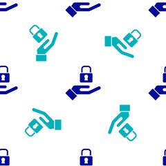 Blue Lock in hand icon isolated seamless pattern on white background. Padlock sign. Security, safety, protection, privacy concept. Vector.