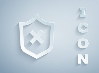 Paper cut Shield with cross mark icon isolated on grey background. Shield and rejected. Notice of refusal. Paper art style. Vector.