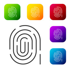 Black Fingerprint icon isolated on white background. ID app icon. Identification sign. Touch id. Set icons in color square buttons. Vector.