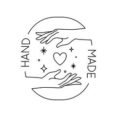 Vector trendy hand made label or badge of gesture in linear modern style isolated. Emblem or logo with hands holding heart and stars - hand made, made with love, donate