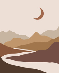 Vector abstract hedendaags esthetisch landschap als achtergrond met bergen, weg, maan. Boho muurprint decor in vlakke stijl. Halverwege de eeuw moderne minimalistische kunst en design