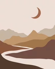 Washable wall murals For him Vector abstract contemporary aesthetic background landscape with mountains, road, moon. Boho wall print decor in flat style. Mid century modern minimalist art and design