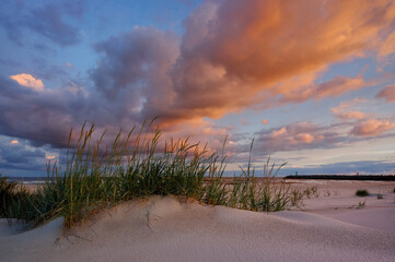 Piękny wschód słońca na  plaży zachodniej w Kołobrzegu,wydmy na wybrzeżu Morza Bałtyckiego,Polska. - obrazy, fototapety, plakaty