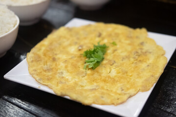 Omelette or Scrambled eggs made from eggs and minced pork