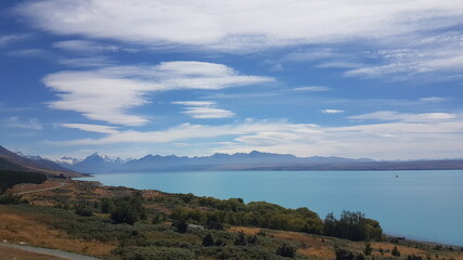 Lake Pukaki, the largest of three roughly parallel alpine lakes running north–south along the...
