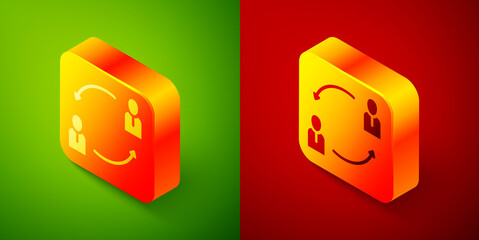 Isometric Human resources icon isolated on green and red background. Concept of human resources management, professional staff research, head hunter job. Square button. Vector.