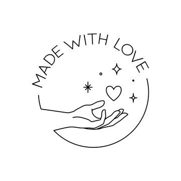 Vector Trendy Hand Made Label Or Badge Of Gesture In Linear Modern Style. Emblem Or Logo With Hand Holding Heart And Stars - Hand Made, Made With Love, Donate Concept