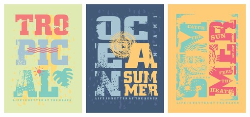 Summer graphics templates for tee shirts. T-shirts designs with travel and vacation theme like ocean, sea, sun, surf, beach. Prints layout for clothing collection.  © lukeruk