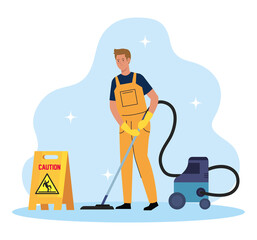 man cleaning worker with vacuum cleaner, man janitor with vacuum cleaner and signage caution