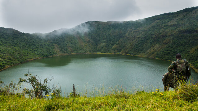 Crater Lake of the Bisoke volcano at the Volcanoes National Park, Rwanda, Africa