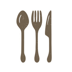 Cute kitchen set. Brown cutlery. Spoon, fork and knife on a transparent background. Vector shabby hand drawn illustration