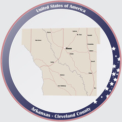 Round button with detailed map of Cleveland County in Arkansas, USA.
