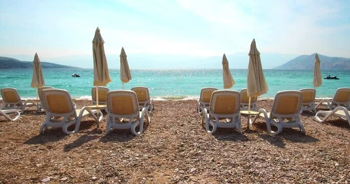 Morning scene of Baska Beach. Amazing summer seascape of Adriatic sea, Baska town location, Krk island, Kvarner bay archipelago, Croatia, Europe. 4K video (Ultra High Definition).