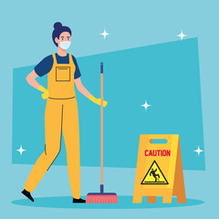 woman cleaning worker wearing medical mask with equipment, woman janitor wearing medical mask with broom and signage caution