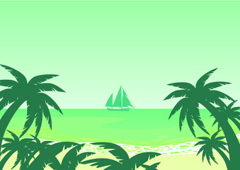 Fototapeta na wymiar vector illustration of a tropical island with palm trees and ship sailing to the horizon in the sea