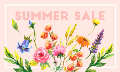 Summer sale Concept. Summer background with tropical flowers. Template Vector.