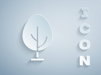 Paper cut Tree icon isolated on grey background. Forest symbol. Paper art style. Vector.