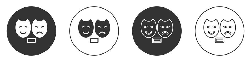 Black Comedy and tragedy theatrical masks icon isolated on white background. Circle button. Vector.