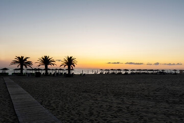 Obraz premium Sunrise with sand and palm trees