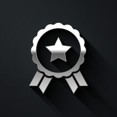 Silver Medal with star icon isolated on black background. Winner achievement sign. Award medal. Long shadow style. Vector.