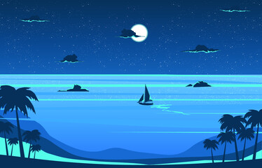 Fototapeta na wymiar vector illustration of tropical beach at the night, boat sailing under the moon, ocean waves