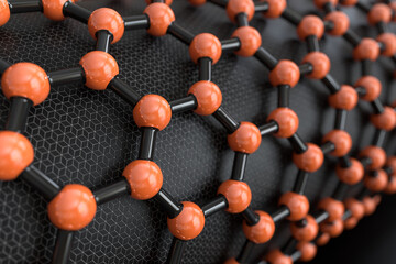 3D rendering of carbon nanotube, red atoms, black bonds, structured background