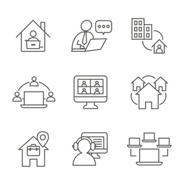 Remote work icon set with work from home, video meetings, etc