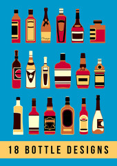 Fototapeta na wymiar Set of elements and color silhouettes of alcohol bottles for using in invitation cards, ornaments, wedding invitations, etc.