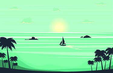 Fototapeta na wymiar vector illustration of a tropical island with palm trees and boat in the ocean